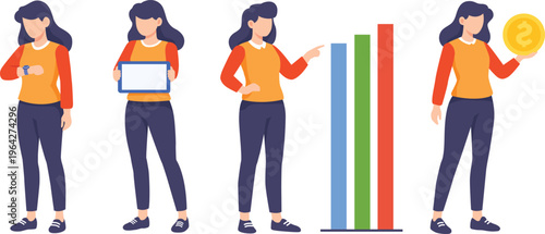Konstfotografi Business woman pointing at bar chart, holding coin finance & notebook, looking a