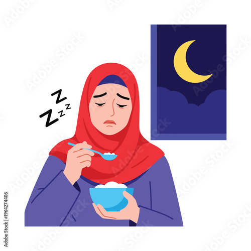 Tired Muslim Woman in Hijab Eating Cereal at Night, Sleepy Zzz Symbol