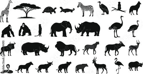 Wild bear silhouettes set isolated on white background, black grizzly and polar bear walking and standing vector illustration, diverse wildlife poses for professional design.