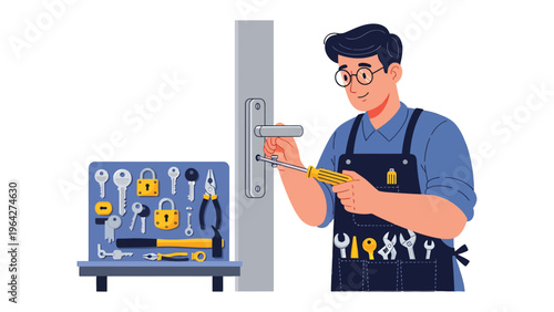 Handyman Precision: A skilled handyman, focused on his craft, carefully works on a door, surrounded by a toolbox full of essential tools for the task.