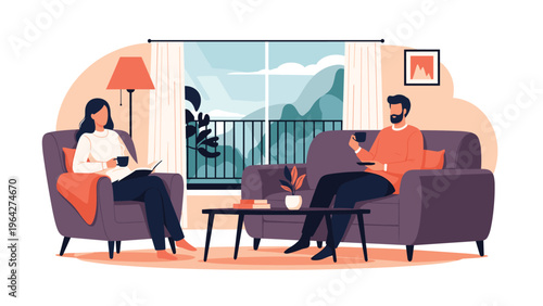 Young couple enjoys a relaxing afternoon in their cozy modern living room while drinking coffee and reading a book by the window.