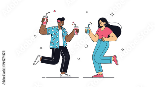 Two joyful friends celebrate and dance while holding colorful iced drinks with straws in a festive and cheerful illustrative style.