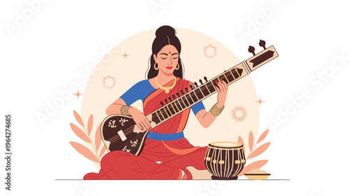 Beautiful Indian woman in traditional red saree plays the sitar and tabla instruments in a serene cultural musical performance.