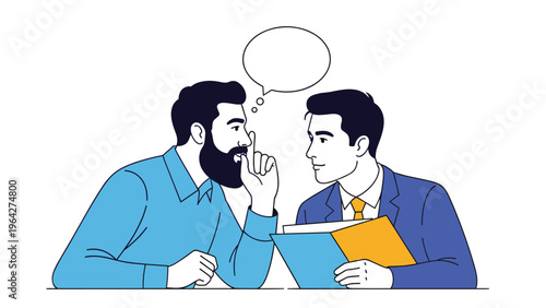 Two men in business attire share a secret while one whispers into the ear of the other who is holding a document folder.