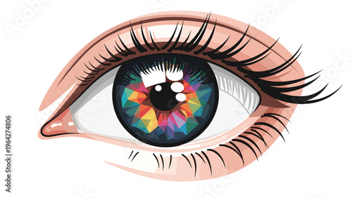 Detailed illustration of a human eye features a unique and vibrant iris designed with colorful geometric triangular patterns.