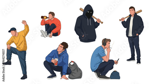 Group of young men in various casual and rebellious poses including drinking, smoking, and holding baseball bats as hoodlum types.
