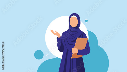 Professional Muslim woman wearing a dark blue hijab and abaya holds a wooden clipboard and gestures during a formal presentation.