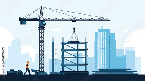 Busy construction site features a large tower crane lifting structural parts for a new skyscraper building against a city skyline.