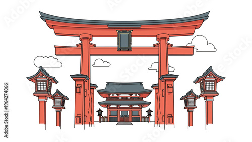 Traditional Japanese Torii gate and temple architecture are shown in a detailed flat illustration with red pillars and grey roofs.