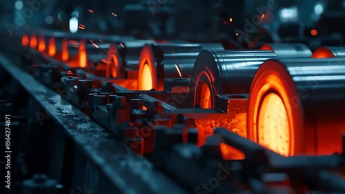Iron foundry with continuous casting machine producing steel billets moving through pipeline in modern steel manufacturing technology concept