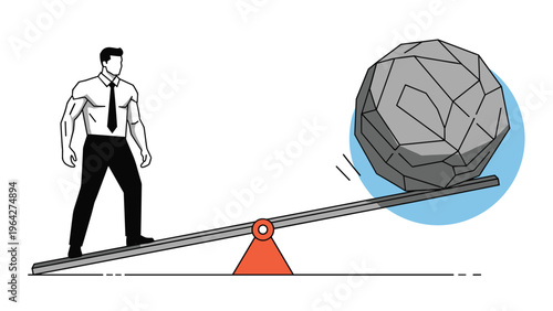 Man in business attire uses a lever and fulcrum to lift a massive heavy stone boulder representing effort and strategic thinking.