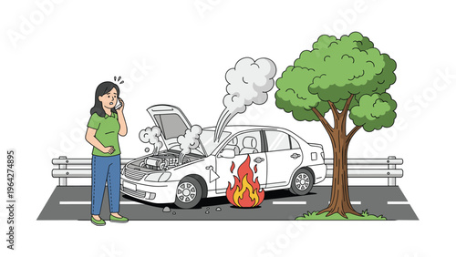 Worried woman uses her mobile phone to call for emergency roadside assistance next to her broken down car with smoke and fire.