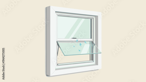 White modern sash window is shown partially open to demonstrate proper ventilation and air circulation for a residential home.