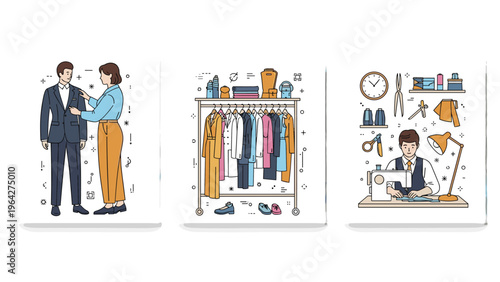 Professional tailor measures a client for a new suit and works at a sewing machine in a workshop with many fashion accessories.