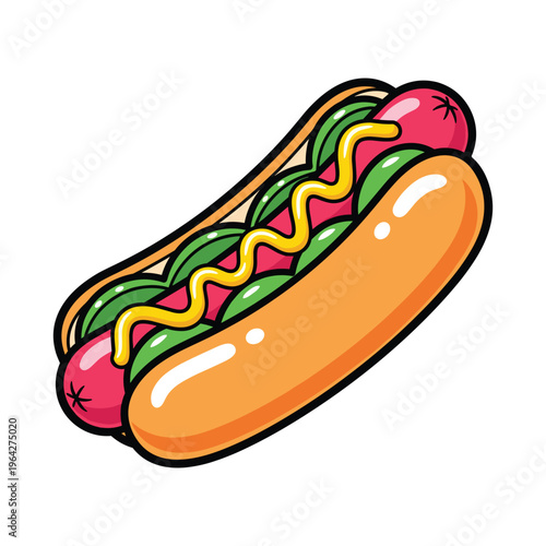 Vector illustration of a classic hot dog with mustard and relish