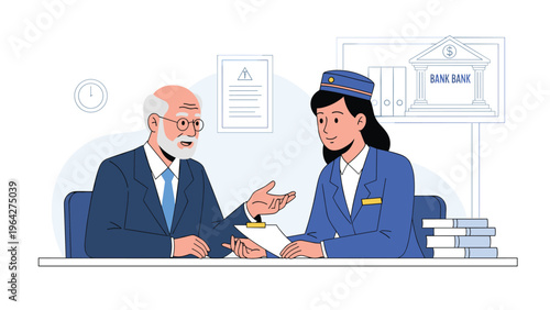 Elderly man speaks with a friendly female bank teller at a service counter while discussing financial documents and accounts.