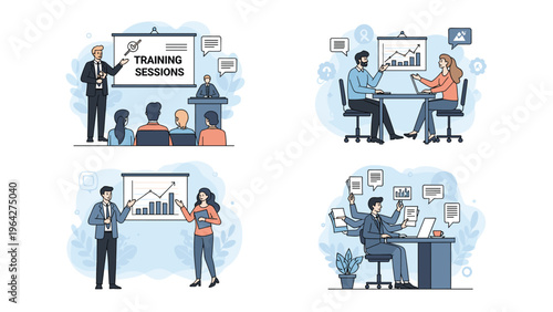 Set of business illustrations shows corporate training sessions, team meetings, and a person multitasking with many arms.