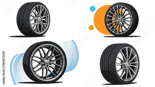 Four different modern alloy car wheels and tires are shown in a detailed illustration highlighting various spoke designs.