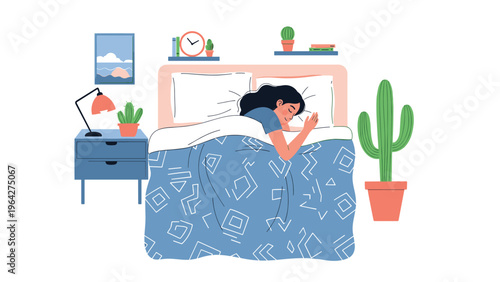 Peaceful woman sleeps soundly in her cozy bed under a patterned blue duvet surrounded by indoor cactus plants at night.