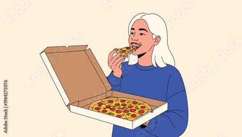 Young woman with blonde hair enjoys eating a delicious slice of pepperoni pizza directly from a cardboard delivery box.