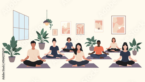 Diverse group of men and women sit in a lotus position on mats while practicing mindful meditation in a bright yoga studio.