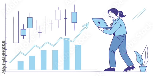 Investment success illustration with financial chart, rising arrow and glowing market data lines.