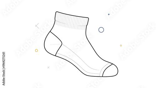 Minimalist line art drawing of a single white ankle sock with subtle geometric decorative elements on a plain background.