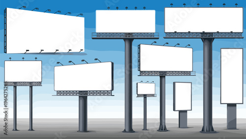Collection of blank white billboards in various orientations and sizes are set against a clear blue sky for advertisement use.