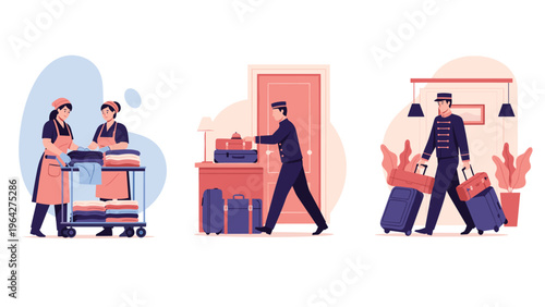 Hotel service team including housekeepers with a laundry cart and bellhops with luggage perform their daily hospitality duties.