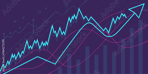 Stock market investment analysis with upward arrow, glowing graphs and financial performance indicators.
