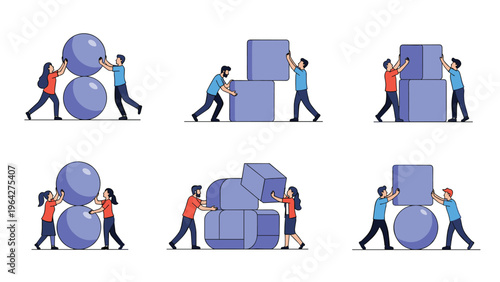 Set of conceptual illustrations show male and female characters working together to move and stack large 3D geometric shapes.