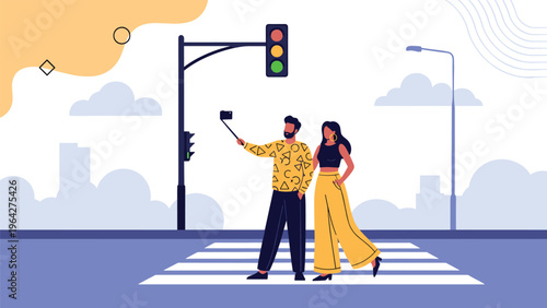 Young couple stands on a city crosswalk and uses a selfie stick to take a photo together against a soft urban background.
