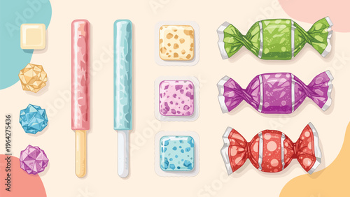 Delightful assortment of sweet treats including colorful wrapped candies, lollipops, and crystal sugar drops on a pale background.