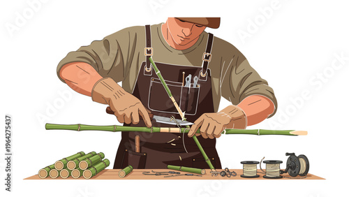 Crafting Bamboo with Precision: A skilled artisan meticulously cuts and prepares bamboo, crafting it with precision using specialized tools and techniques.