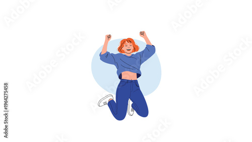 Energetic young woman in a blue sweater and jeans jumps high with joy and excitement against a minimalist blue background.