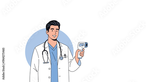Male medical professional in a white lab coat holds up a non contact infrared thermometer to measure a patient's temperature.