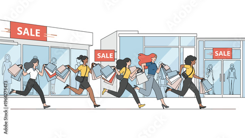 Group of enthusiastic women carry numerous shopping bags while running toward a store during a major seasonal clearance sale.