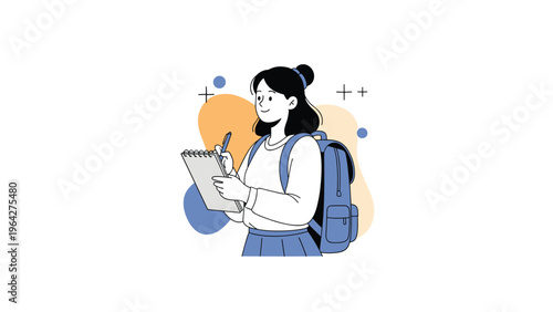 Focused female student with a blue backpack holds a notebook and pen while preparing to take notes for her school classes.
