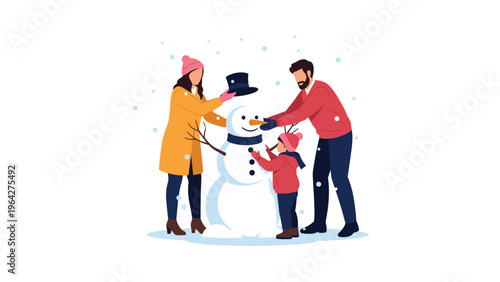 Happy family of three builds a snowman together in a snowy outdoor winter setting while wearing warm colorful seasonal clothing.