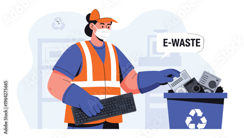 E-waste Recycling: A diligent worker wearing a protective mask and gloves carefully sorts electronic waste for responsible disposal.