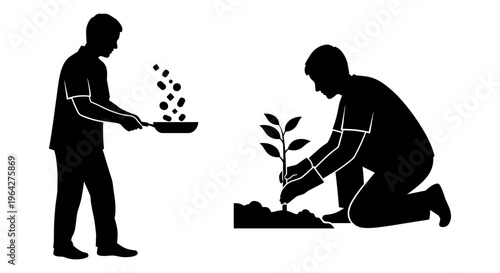 Black silhouette man cooking with frying pan and man planting a seedling, gardener and chef hobby icons, vector set of domestic activities