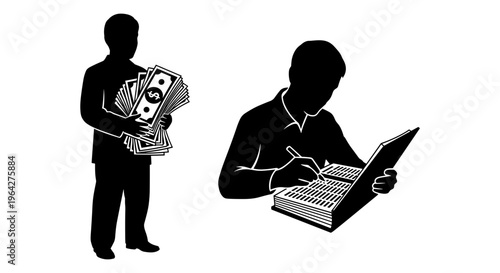 Business silhouette set of man holding cash and accountant writing in ledger, financial management icons, professional bookkeeping and money handling vector
