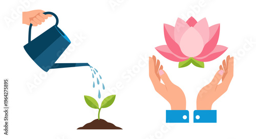 Self care and personal growth vector set, hand watering a small green sprout, cupped hands holding a pink lotus flower for wellness and mindfulness