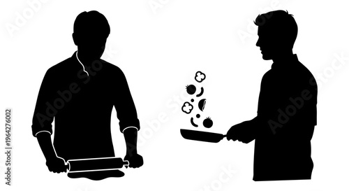 Professional chef silhouette set, male cook tossing food in frying pan and baker using rolling pin, culinary kitchen staff vector