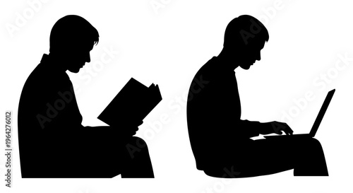 Black silhouette of man reading book and using laptop, male student studying with computer and textbook, education and technology vector set