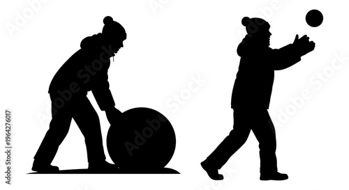 Winter fun silhouette of children playing in snow, kids building a snowman and throwing snowballs, black vector figures on white background