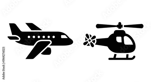Aviation transport icons set, black airplane and helicopter vector silhouettes, commercial flight and air travel symbols for logistics and navigation