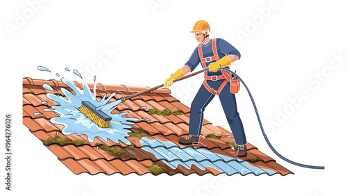 Roof Cleaning: A worker diligently cleans a tiled roof with a high-pressure water sprayer and a scrub brush, ensuring safety and precision. The scene evokes a sense of cleanliness, diligence.