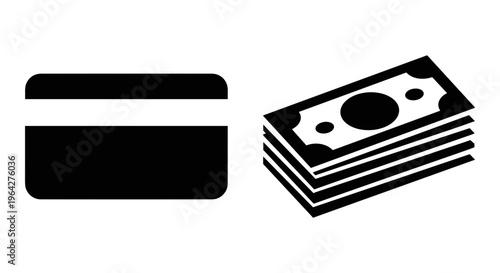 Minimalist payment icons set with credit card and stack of cash, black and white financial vector symbols, digital and physical money concept