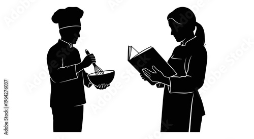 Professional chef silhouette whisking in bowl, female cook reading recipe book, culinary team preparing food in kitchen, black and white vector art